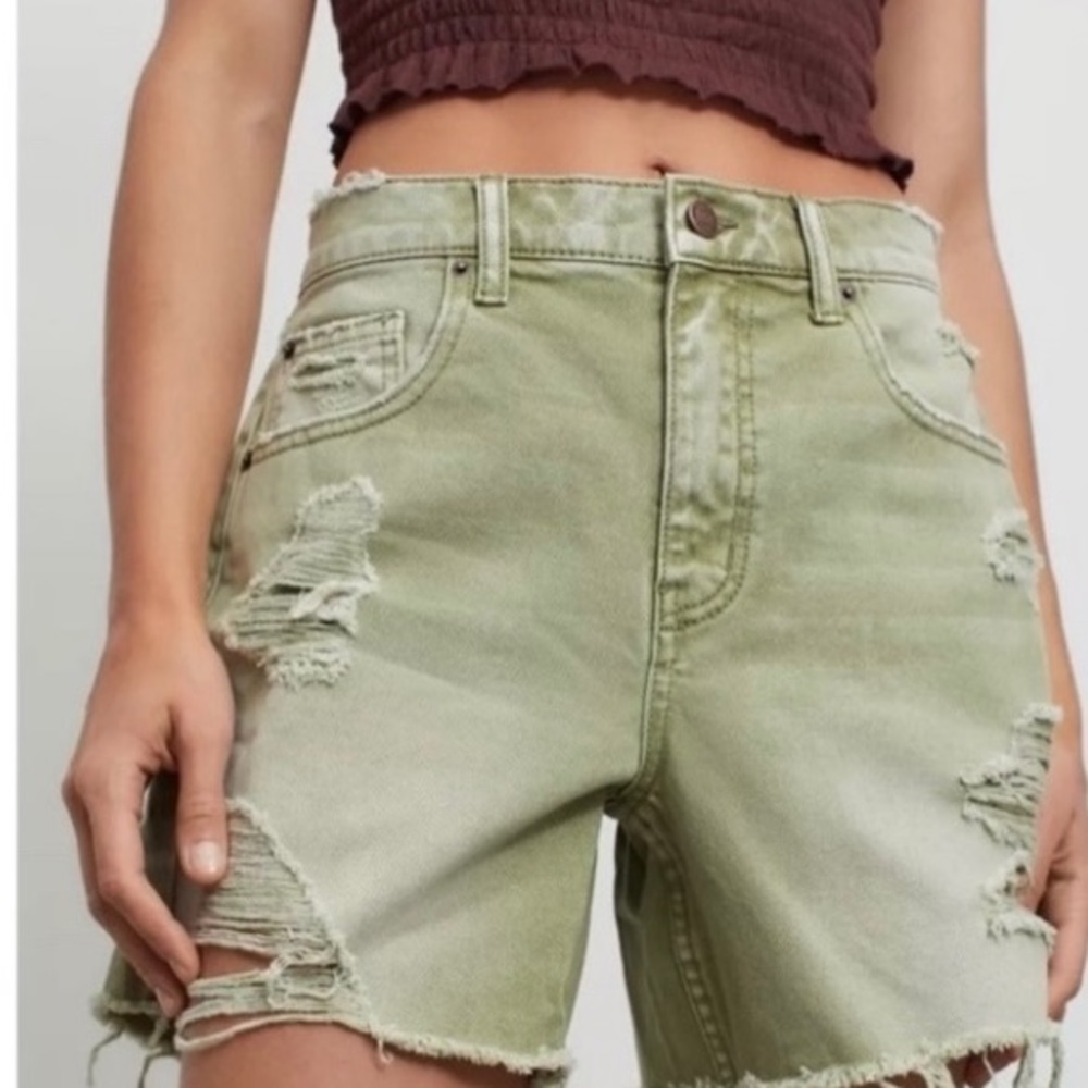 Urban Outfitters Light Olive Green Distressed High-Waist Jean Shorts